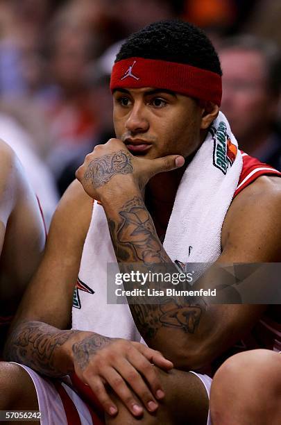 Chris Rodgers of the Arizona Wildcats sits on the bench during the final moments of their loss to the UCLA Bruins in the semifinals of the 2006...