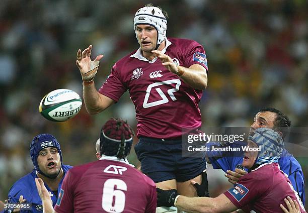 Mark Connors of the Reds wins the lineout during the Super 14 match between the Queensland Reds and Western Force on March 11, 2006 at Suncorp...