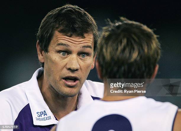 Mark Harvey, assistant coach of the Dockers addresses his team during the NAB Cup Semi Final match between the Geelong Cats and the Fremantle Dockers...