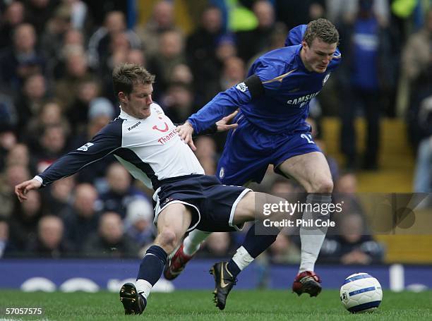 Robert Huth of Chelsea is challenged by Teemu Tainio of Tottenham Hotspur during the Barclays Premiership match between Chelsea and Tottenham Hotspur...
