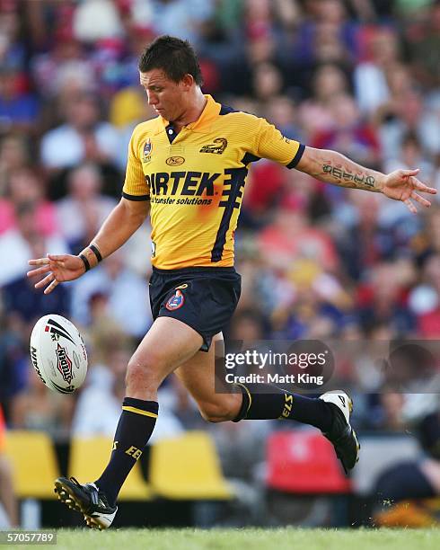 Tim Smith of the Eels kicks during the round one NRL match between the Newcastle Knights and the Parramatta Eels at Energy Australia Stadium March...