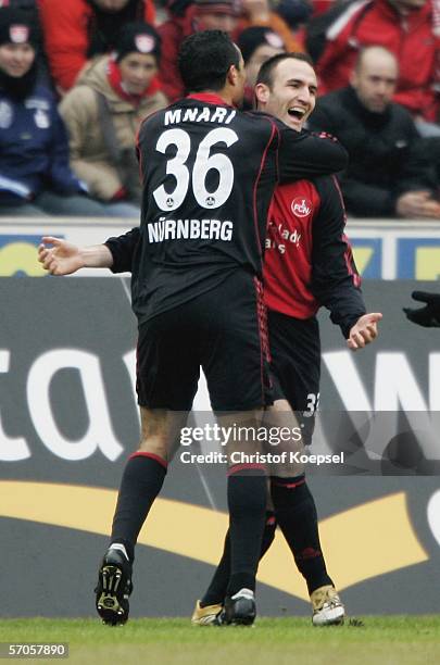 Robert Vittek of Nuremberg celebrates the second goal during the Bundesliga match between 1. FC Cologne and 1. FC Nuremberg at the Rhein Energie...