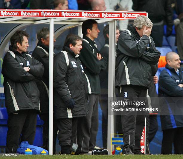 Birmingham, UNITED KINGDOM: Birmingham City's Manager Steve Bruce puts his face in his hand during the game against West Bromwich Albion during the...