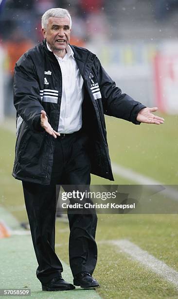 Head coach Hanspeter Latour of Cologne gestures during the Bundesliga match between 1. FC Cologne and 1. FC Nuremberg at the Rhein Energie Stadium on...