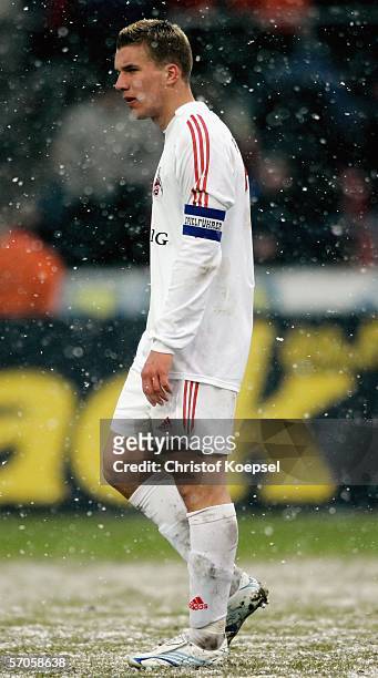 Lukas Podolski of Cologne looks dejected after the Bundesliga match between 1. FC Cologne and 1. FC Nuremberg at the Rhein Energie Stadium on March...