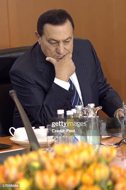 Egyptian President Hosni Mubarak is seen during a meeting with German Chancellor Angela Merkel at the chancellory March 11, 2006 in Berlin, Germany....