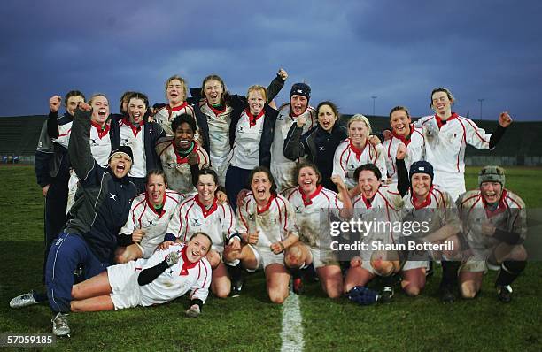 England celebrate at the end of the womens international rugby match between France and England at the Robert Bobin Stadium on March 11, 2006 in...