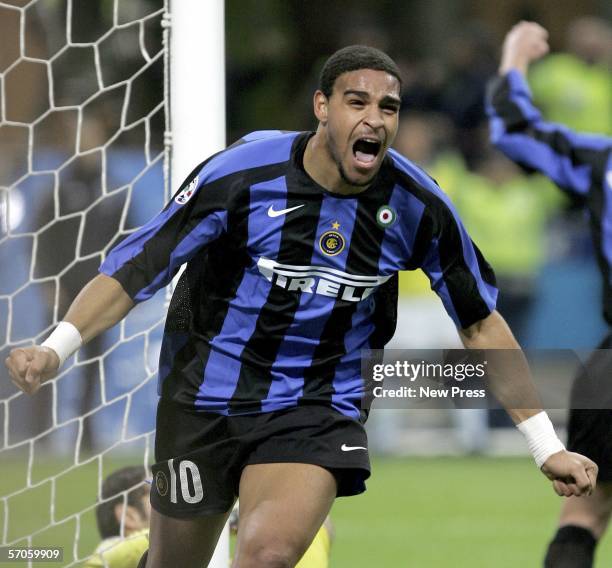 Adriano of Inter celebrates scoring during the Serie A game between Inter Milan and Sampdoria at the San Siro on March 11, 2006 in Milan, Italy.