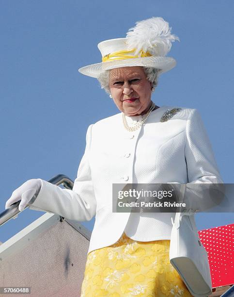 Queen Elizabeth II arrives at the Fairbairn Airport March 12, 2006 in Canberra, Australia. The Queen and Prince Philip are on a five-day visit to...