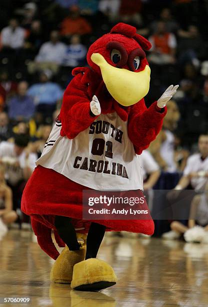 Cocky the mascot for the South Carolina Gamecocks entertains the crowd against the Mississippi State Bulldogs during Day 1 of the SEC Men's...