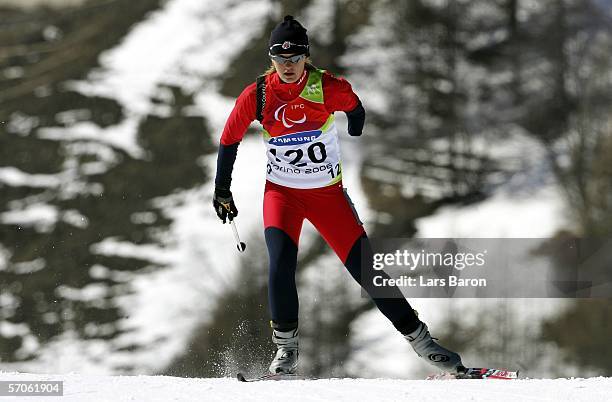 Kelly Underkofler of United States competes in the Women's 5KM - Standing Cross Country during day two of the Turin 2006 Winter Paralympic Games on...