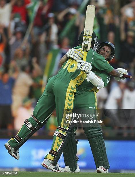 Makhaya Ntini and Mark Boucher of South Africa celebrate the winning runs during the fifth One Day International between South Africa and Australia...