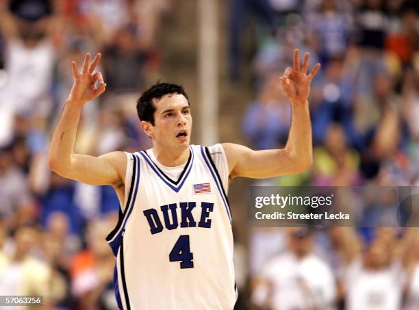 Redick of the Duke Blue Devils reacts after making a three-point basket against the Boston College Eagles during the finals of the Atlantic Coast...