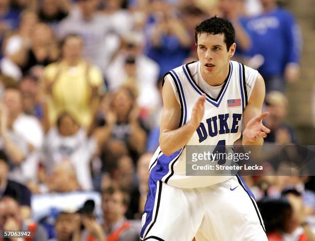 Redick of the Duke Blue Devils reacts against the Boston College Eagles during the finals of the Atlantic Coast Conference Men's Basketball...