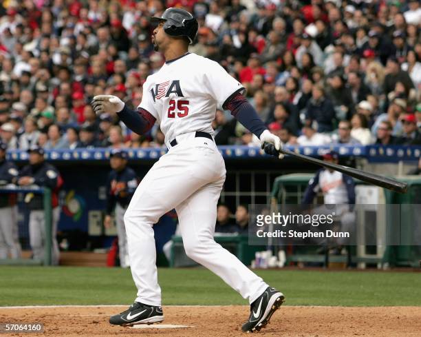 Derrek Lee of Team USA hits a 2 run home run against Team Japan during thesixth inning of the Round 2 Pool 2 Game of the World Baseball Classic at...