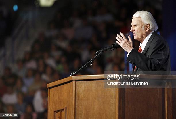 Billy Graham preaches during the Celebration of Hope on March 12, 2006 at the New Orleans Arena in New Orleans, Louisiana. This was the first time...