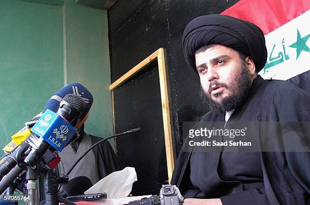 Iraqi radical Shiite cleric Moqtada al-Sadr speaks to reporters during a press conference on March 13, 2006 in the city of Najaf 100 miles south of...