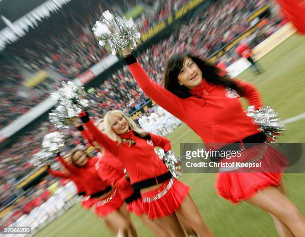 The cheerleaders of Cologne dance before the Bundesliga match between 1. FC Cologne and 1. FC Nuremberg at the Rhein Energie Stadium on March 11,...
