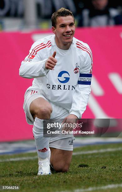 Lukas Podolski of Cologne during the Bundesliga match between 1. FC Cologne and 1. FC Nuremberg at the Rhein Energie Stadium on March 11, 2006 in...