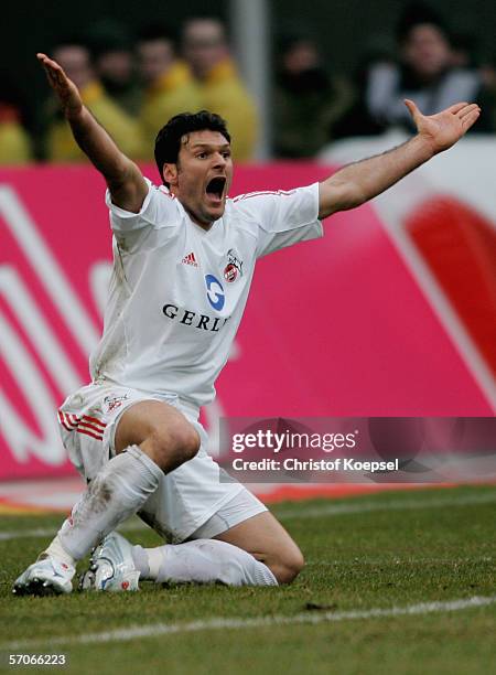 Oezalan Alpay shouts during the Bundesliga match between 1. FC Cologne and 1. FC Nuremberg at the Rhein Energie Stadium on March 11, 2006 in Cologne,...