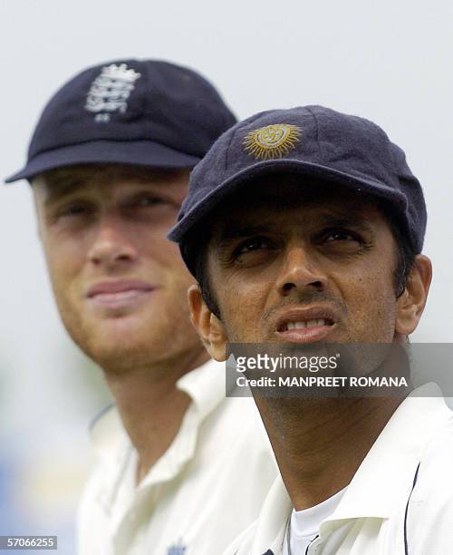 England cricket captian Andrew Flintoff and Indian cricket captain Rahul Dravid are pictured during the awards ceremony on the fifth day of the...