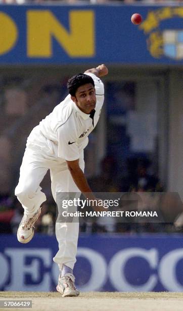 Indian cricketer Anil Kumble delivers the ball during the fifth day of the second Test match between India and England at the Punjab Cricket...