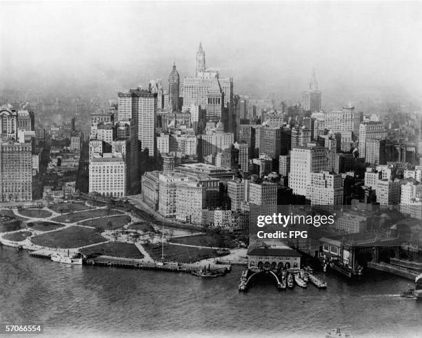 Aerial view from Upper New York Bay, looking north over Battery Park and the lower Manhattan skyline, New York, New York, January 8, 1923. Prominant...
