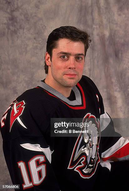 Promotional portrait of American hockey player Pat LaFontaine of the Buffalo Sabres, April 1996.