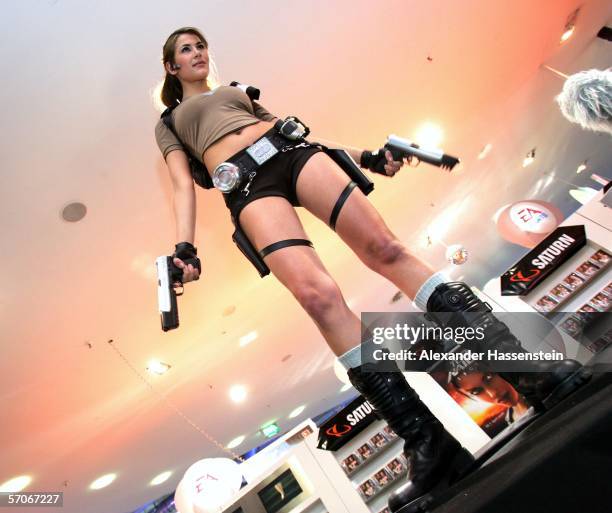 Karima Adebibe, the new face of Tomb Raider action heroine Lara Croft, poses during a photocall March 13, 2006 in Hamburg, Germany.