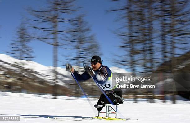 Tetyana Smyrnova of the Ukraine in action during Biathalon training on day three of the Turin 2006 Winter Paralympic Games on March 13, 2006 in...