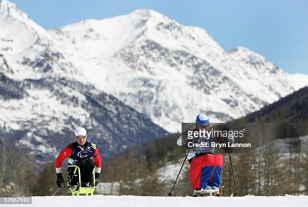 Sergej Shilov of Russia in action during Biathalon training on day three of the Turin 2006 Winter Paralympic Games on March 13, 2006 in Pragelato...