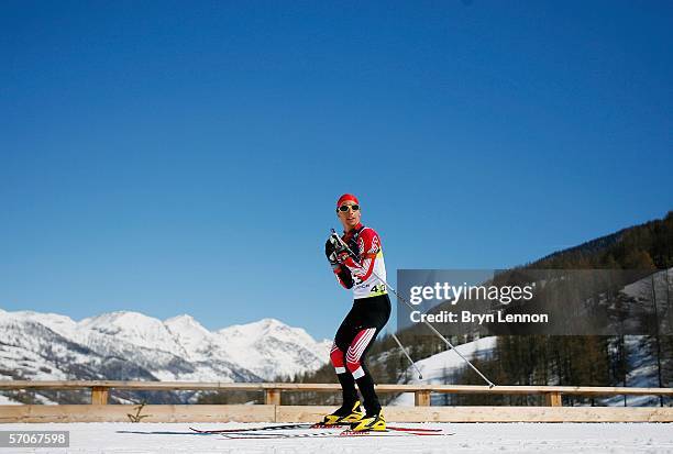 Michael Kurz of Austria in action during Biathalon training on day three of the Turin 2006 Winter Paralympic Games on March 13, 2006 in Pragelato...