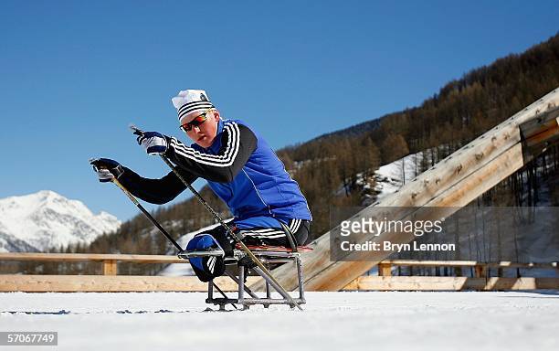 Competitor is seen in action during Biathalon training on day three of the Turin 2006 Winter Paralympic Games on March 13, 2006 in Pragelato Plan,...