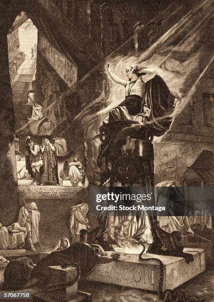 Engraving shows the Oracle of Delphi, bathed in shaft of light a top a pedestal and surrounded by cloaked figures, Delphi, Greece.