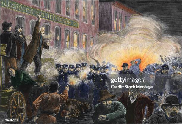 Colorized engraving shows a composit scene from the Haymarket Riot, where an initially peaceful labor protester devolved into a full-scale riot...