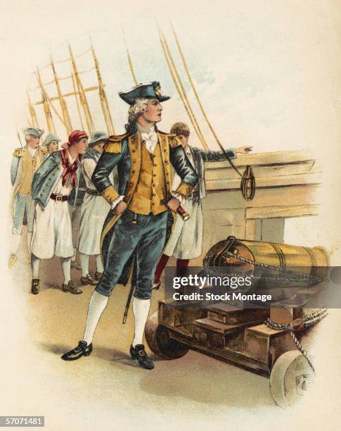 Illustration shows Scottish-born American naval commander John Paul Jones as he poses near a canon on the deck of his ship, 1779.