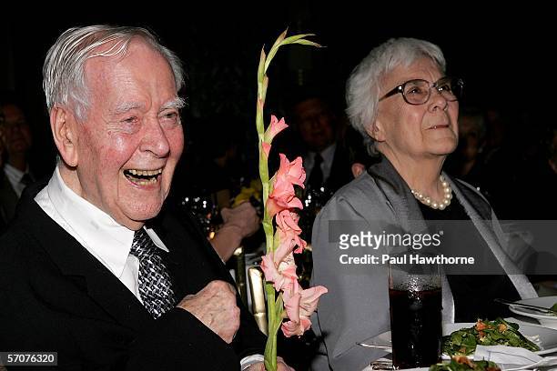 Playwright Horton Foote and writer Harper Lee listen to actor Dame Edna read a poem as Foote is honored by the Signature Theatre Company on the eve...