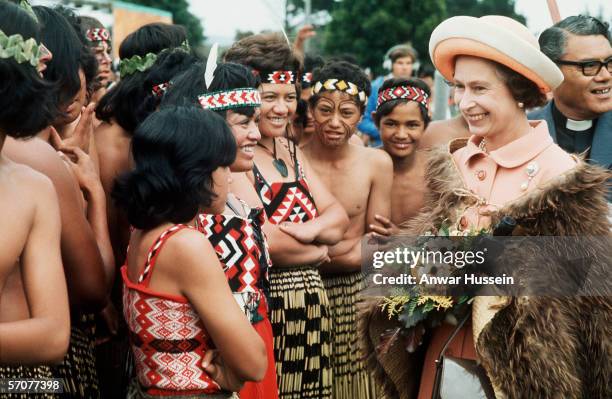 Queen Elizabeth II meets Maoris in New Zealand 1977.