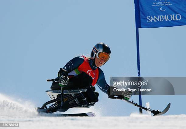 Laurie Stephens of the United States of America wins the Gold Medal in the Women's Super G - Sitting during Day Four of the Turin 2006 Winter...