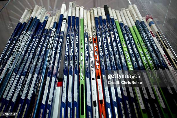 Rack of hockey sticks which belong to the WHL's Vancouver Giants, Pacific Coliseum, Vancouver, British Columbia, October 15, 2005.