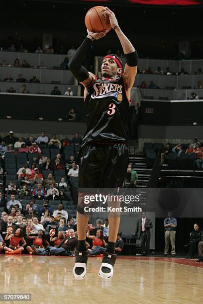 Allen Iverson of the Philadelphia 76ers shoots against the Charlotte Bobcats during a game at the Charlotte Coliseum on February 8, 2006 in...