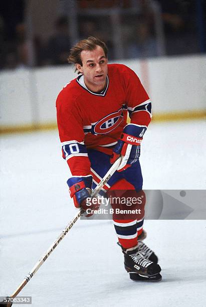 Canadian professional hockey player Guy Lafleur of the Montreal Canadiens skates on the ice during a road game against the New York Rangers, Madison...