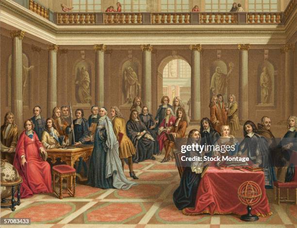 Queen Christina of Sweden watches a demonstration by French philosopher and mathematician Rene Descartes , 1600s.