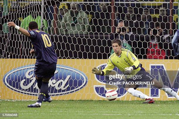 Inter Milan's forward Adriano of Brazil fails a penalty in front of Ajax's goalkeeper Maarten Stekelenburg during their Champions League football...