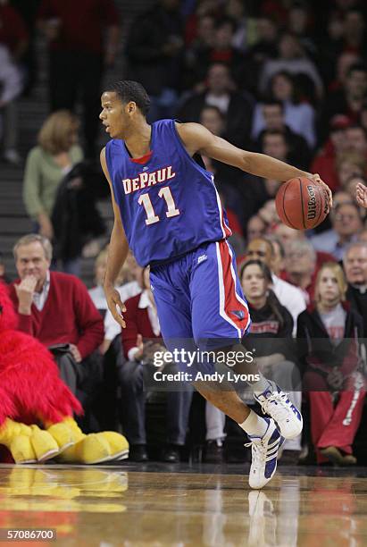 Sammy Mejia of the DePaul Blue Demons dribbles the ball during the game against the Louisville Cardinals on Feburary 22, 2006 at Freedom Hall in...