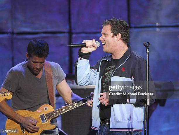 Actor James Denton and actor Bob Guinney of 16:9 perform at the "Evening with Ray Kennedy and Friends" hosted by the Guitar Center Music Foundation...