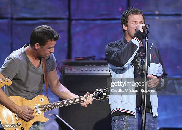 Actor James Denton and actor Bob Guinney of 16:9 perform at the "Evening with Ray Kennedy and Friends" hosted by the Guitar Center Music Foundation...