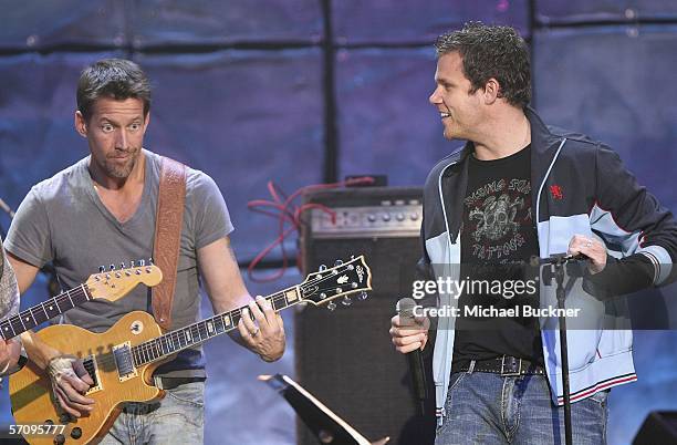 Actor James Denton and actor Bob Guinney of 16:9 perform at the "Evening with Ray Kennedy and Friends" hosted by the Guitar Center Music Foundation...