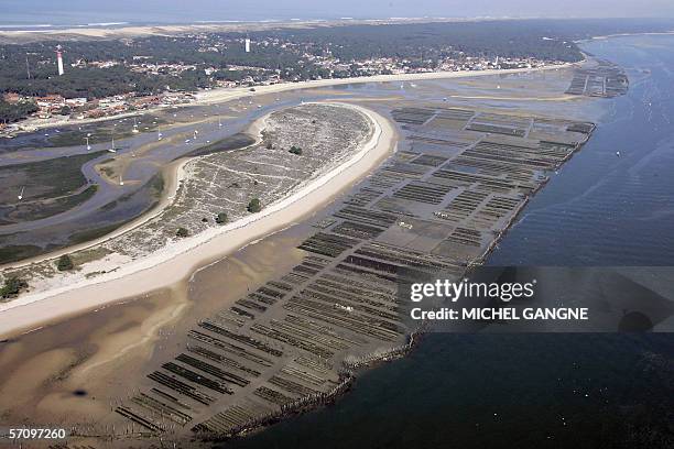 La-Teste-de-Buch, FRANCE: Photo aerienne prise le 14 mars 2006 de la presqu'ile et des parcs a huitres au Cap Ferret, Gironde, sur la cote...