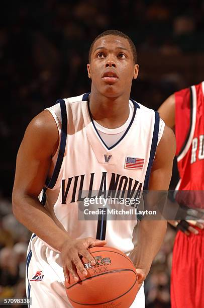 Kyle Lowry of Villanova shoots a foul shot during a quarter final round Big East Tournament game against Rutgers on March 9, 2006 at Madison Square...